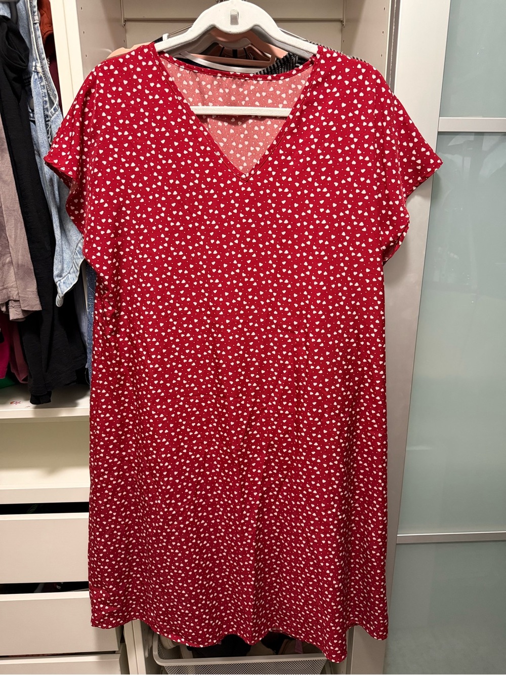 Women's Red V-Neck Midi Dress with White Heart Print